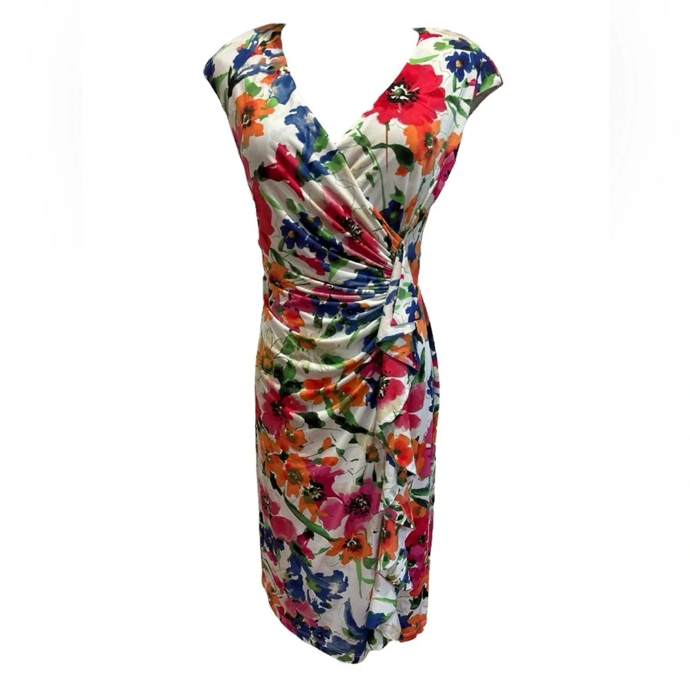 90s AMERICAN LIVING MULTI-COLOR FLORAL BODYCON W SIDE RUFFLE MIDI DRESS SZ 8 - Picture 3 of 8
